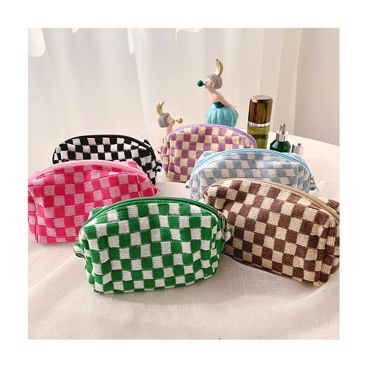 New Design Knitted Woolen Contrast Checkered Makeup Organizer Bags Travel Cosmetic Bag