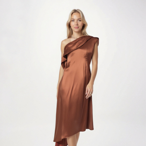 Trubrown kahverengi sıvı ipek kıyafeti basamaklı dökümlü yaka tek omuz heykel Vintage resmi Maxi ilkbahar yaz sonbahar için