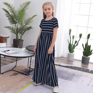 Vestido largo con estampado floral bohemio, azul marino, manga corta, cuello redondo, con bolsillos, informal, de verano, para niñas mayores - Product Image 3