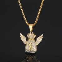 Nouveau collier unisexe en acier titane style hip-hop avec pendentif sac à argent et symbole du dollar américain incrusté de diamants, style INS