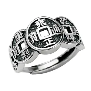 Anillo de dedo índice rico Vintage moneda de cobre Chapado en plata anillo Punk joyería dominante cinco emperador moneda anillo regalos para mujeres
