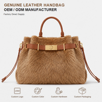 Sac fourre-tout en cuir véritable à poils animaux, marque privée, pour femme, avec panneau en peluche, poignée supérieure, sac à bandoulière pour tenues d'hiver, qualité supérieure