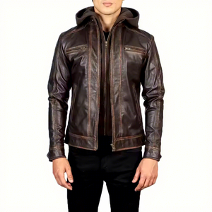 Mens Real Brown Leather Hooded <b>Jacket</b> Distressed Zip Chest Pockets <b>Sheepskin</b> Dark Racer Biker Coat Custom Vintage Winter Outerwe - Product Image 1