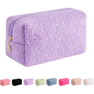 Custom Logo Soft Fleece Plush Pink Floral <b>Makeup</b> Eco Friendly Hanging Zipper Terry Cloth Travel Cosmetic Bag <b>case</b> - Product Image 1