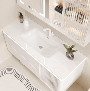 Combinación de Mueble de Baño de Madera Maciza con Lavabo Integrado de Cerámica y Espejo LED para Hogar y Hotel, Tocadores de Baño Modernos - Product Image 3