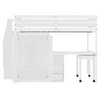 Lit mezzanine pleine grandeur avec escalier, bibliothèque, tiroirs, bureau et armoire - Meubles multifonctionnels gain de place pour enfants et adolescents - Blanc