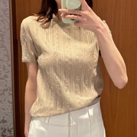 Haut à manches courtes pour femme, col rond, couleur unie, coupe ajustée, mélange de laine, haut à manches courtes printemps-été