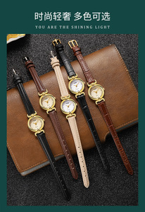 Reloj redondo dorado para mujer, correa de cuero marrón, marcadores de cristal, elegante reloj de pulsera de cuarzo - Product Image 2