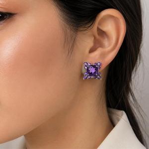 Wholesale 925 Sterling <b>Silver</b> Amethyst Cushion Cut Cluster <b>Stud</b> <b>Earrings</b> Rhodium Plated - Product Image 2