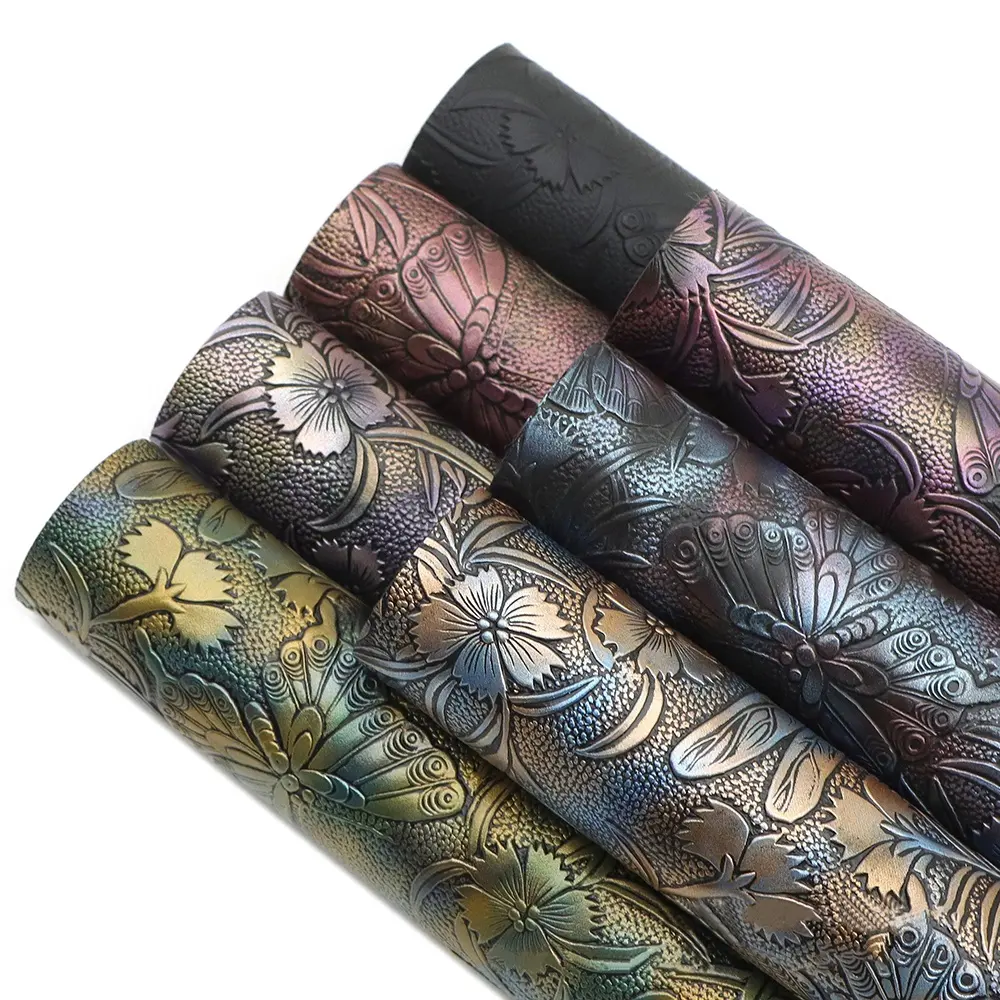 Retro Butterfly Dragonfly Flower Engraved Embossed Faux Synthetic Leather Fabric Rolls For Bows Craft DIY Handmade Material