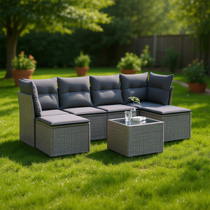 Ensemble de canapés de jardin en rotin gris 6 places, mobilier d'extérieur au design contemporain, structure en acier, plateau en verre trempé - Product Image 3