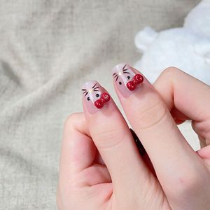 10 <span class=keywords><strong>Uñas</strong></span> Postizas Hechas a Mano con Diseño <span class=keywords><strong>de</strong></span> <span class=keywords><strong>Hello</strong></span> <span class=keywords><strong>Kitty</strong></span>, Lazos 3D y Puntos, Color Rojo Nude, para Mujer, Estilo Lindo - Product Image 4