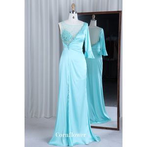 Une épaule Satin Broderie De Luxe Cristal Turquoise Bleu Aline Moderne Dos Nu Robe De Soirée Col Haut Arabe Longueur Au Sol - Product Image 1