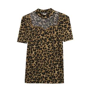 Gracieux influenceur en ligne imprimé léopard T-shirt à manches courtes femme creux Sexy minceur coupe ajustée Patchwork chemise en maille - Product Image 5