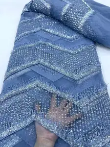 Nuevo 2024 tela pesada bordada a mano con cuentas tela de encaje nupcial tela de encaje de borla de lujo para vestido de noche de boda
