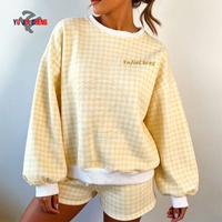 Sweatshirts à col rond personnalisés à imprimé gingham pour femmes, en molleton de haute qualité, brodés, surdimensionnés, ensemble décontracté en deux pièces avec short
