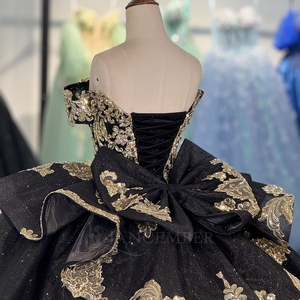 Robe de bal scintillante en mousseline de soie pour Quinceañera, modèle Dy5841, avec appliques noires et dorées, luxueuse, coupe cœur, pour fête d'anniversaire ou bal de promo - Product Image 4