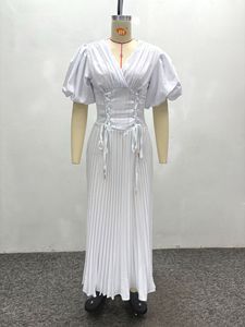 Vestido Casual Blanco con Cuello en V para Mujer, con Cordones en la Parte Delantera, Talla Grande, Tipo Bata, Maxi Vestido, Tallas S-2XL - Product Image 2