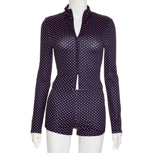 New Women's Polka Dot Print Long-Sleeve Zipper Slim-Fit Cardigan & Shorts 2-Piece <b>Set</b> Fashion - Product Image 6