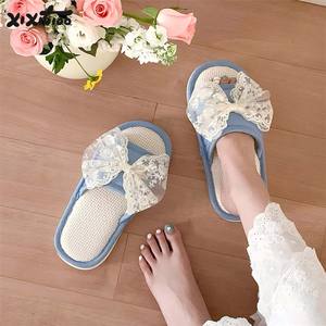 XXT OEM personnalisé respirant coton lin pantoufles doux intérieur maison chaussures antidérapant femmes dentelle arc maison diapositives - Product Image 3