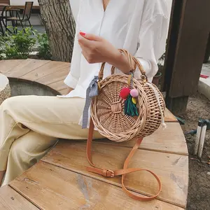 Summer New Instagram Same Vine Weaving Small Round Bag Handheld Crossbody 1 Shoulder Beach Bag