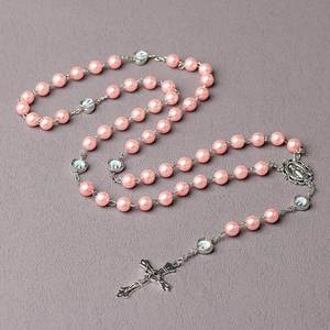 Collar de Rosario Católico con Cruz, Perlas de Vidrio de 8mm, 5 Segmentos, Cruz de Jesús Rosa y Blanca, Regalo - Product Image 2