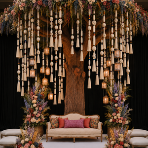 Lustre en macramé personnalisé, intégration florale, toutes formes et styles pour mariages, décorations intérieures de villas, salles de banquet romantiques - Product Image 1
