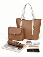 Set Tas Tangan Wanita Custom Logo Grosir 2 Pcs Warna Beige Coklat Bahan Kulit PU, Tas Tote dengan Ritsleting, Tali Lepas Pasang, dan Dompet Senada