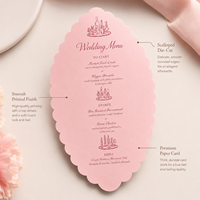 Carte de menu de mariage personnalisée festonnée avec papier de luxe, estampage à chaud et gaufrage, design élégant découpé, impression personnalisée pour événements