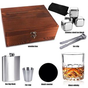 Ensemble cadeau avec logo personnalisé : Gourde isotherme 6oz, Verre à whisky, Tasse en acier inoxydable 2oz, Sous-verre noir, Bloc de glace, Pince à glace et Boîte en bois - Product Image 2