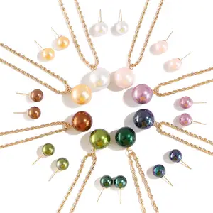 Multicolor Stud Earrings Necklace Pearl Jewelry Set for Women Gold Plated Rope Chain Hawaiian Glass Pearl Pendant Necklaces