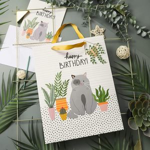 <b>Large</b> <b>Gift</b> <b>Bag</b> With Card And Tissue Paper Cat Plant Design Birthday Party Art Paper Offset Printing - Product Image 3