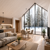 Villa modulaire préfabriquée en acier léger de style nordique moderne avec double pignon et verrière panoramique pour usage résidentiel et hôtelier