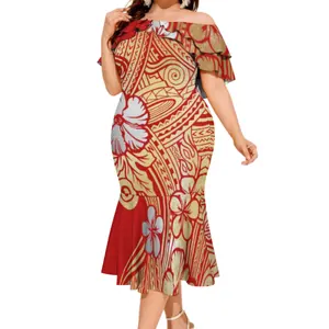 새로운 도착 폴리네시아 부족 디자인 사용자 정의 캐주얼 드레스 뜨거운 판매 워터 드롭 칼라 더블 레이어 Flounced Fishtail 스커트 드레스