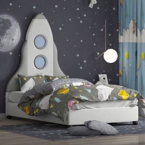 Lit de jour pour enfants Rocket Ship en bois massif, moderne et confortable, avec rangement et design aventure de dessin animé pour chambre à coucher - Product Image 1