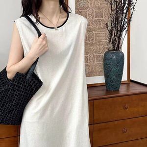 Elegante abito con collo a U in misto lino per le donne solido senza maniche Casual <span class=keywords><strong>moda</strong></span> stampa digitale on-line fornitore all'ingrosso - Product Image 6