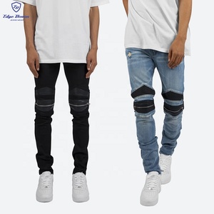 Bordo DENIM personalizzato blu nero con cerniera in <span class=keywords><strong>pelle</strong></span> plissettata Moto Biker <span class=keywords><strong>Jeans</strong></span> da uomo - Product Image 1