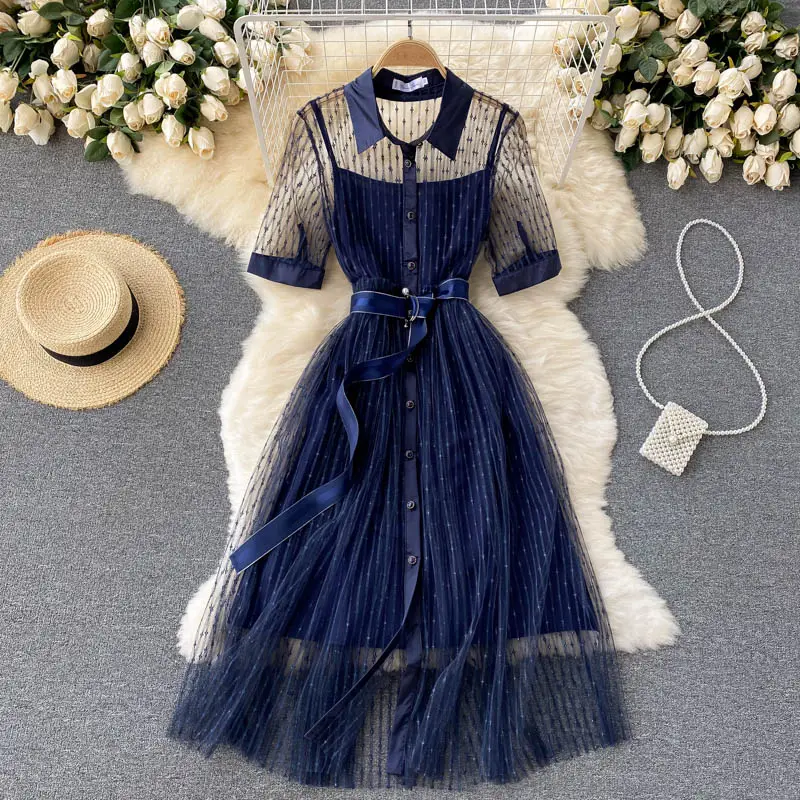 Short Sleeve Solid A-line Dress Summer Simple Mesh High Waist Midi Dress Ladies Elegant Dresses Clothes Women Wholesale