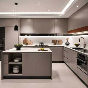 Ensemble de meubles de cuisine BALOM Factory, design moderne, sans poignées, en contreplaqué, design beige, en forme de L, avec îlot - Product Image 3