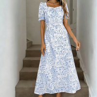 Robe d'été personnalisée pour femme, à manches courtes bouffantes, imprimé floral, froncée, fendue haute, longue maxi, pour soirée et décontractée