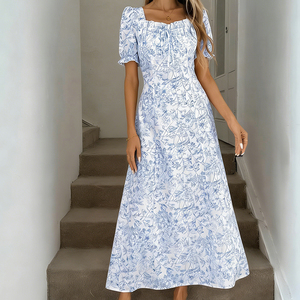 Vestido <span class=keywords><strong>de</strong></span> Verano Personalizado para Mujer, Manga Corta Abullonada, Estampado Floral, Fruncido, con Abertura Alta, Largo Maxi, <span class=keywords><strong>Vestidos</strong></span> Casuales <span class=keywords><strong>de</strong></span> <span class=keywords><strong>Fiesta</strong></span> - Product Image 6