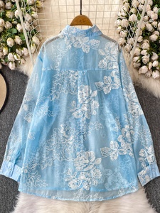 Camicia <span class=keywords><strong>in</strong></span> <span class=keywords><strong>Tulle</strong></span> con Ricami Elaborati, Protezione Solare, Maniche Lunghe, Moda Lussuosa per Donna, Primavera Estate - Product Image 4