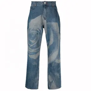 Custom denim work pants wide leg flare jeans men with side flap utility cotton cargo jeans rose print Cotton Jeans pants men