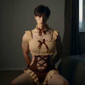 Men's sexy lingerie set, lace ruffle bodysuit, crossdressing role-playing seductive pajamas, brown bear - Product Image 4