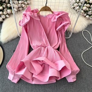 Ruffle Waisted Shirt Women's V-Neck Solid Color 3D Petal <b>Top</b> Fashion - Product Image 1