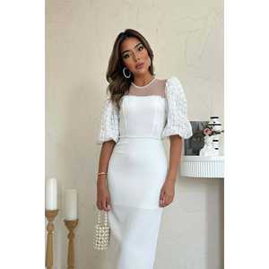 Robe de soirée blanc cassé en gros avec détails en tulle orné de perles - Product Image 3