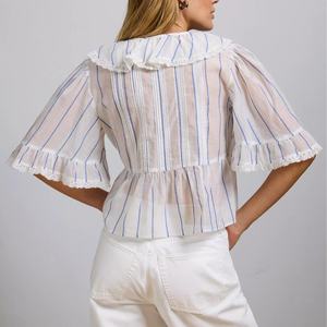 Nouvelle Blouse Décontractée Ample à Rayures Bleues et Col en V à Volants pour Femme – Qualité Supérieure - Product Image 3
