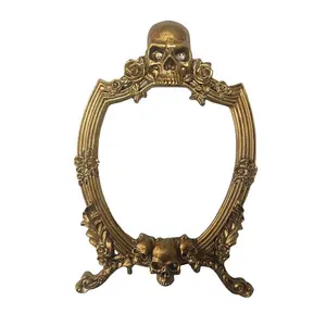 Антикварная Золотая рамка из смолы, декоративное настенное и настольное зеркало, косметическое зеркало, голова черепа, Готический Декор