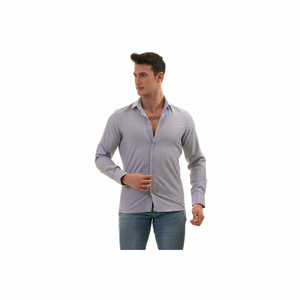 Chemise élégante bleue à motif uni, coupe ajustée, boutonnée, manches longues, pour homme - Product Image 2