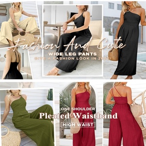 จั๊มสูทขายส่งราคาพิเศษ แบบเปิดไหล่ สีพื้น เสื้อครอป กางเกงขายาวทรงกว้าง ชุดจั๊มสูทฤดูร้อนสำหรับผู้หญิง - Product Image 4